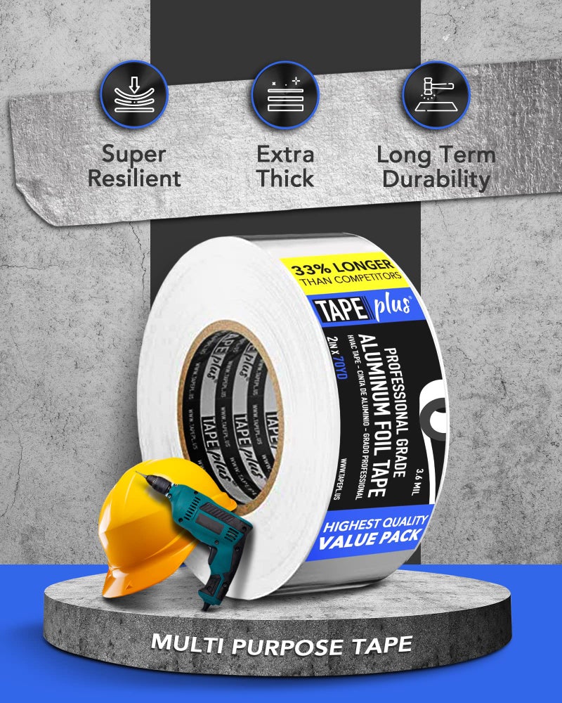 TapePlus Aluminum Foil Tape - HVAC & Ductwork Sealing with HVAC Tape - Metal Ductwork Insulation & Moisture Protection - Heat-Resistant Performance to 250Â°F - 2 in x 70 yd, Pack of 1, Silver - Image 4